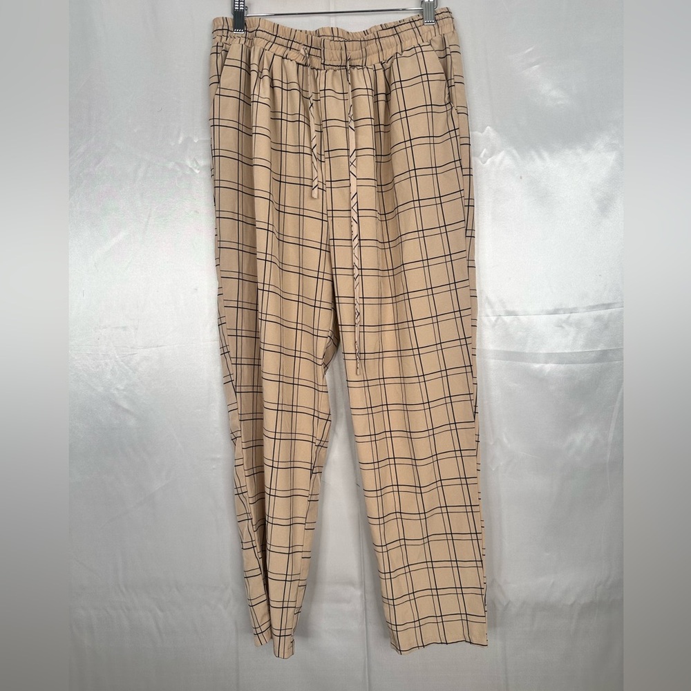 PrettyLittleThing Plaid Drawstring Pants‎ Size 10 Beige Check Print